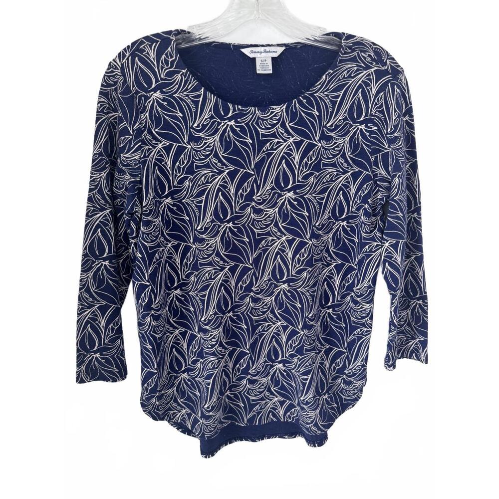 Tommy Bahama Navy Floral 3/4 Sleeve Scoop Neck Top Women's Sz Small 100% Cotton